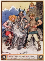 "På denna signal kastade de andra aesirerna kedjan runt monstrets hals", illustration från "The Heroes of Asgard, tales from Scandinavian Mythology", av A und E Keary, 1930.
